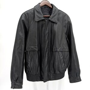 London Fog Mens Black Leather Bomber Jacket Zip Front Quilted Lining Size S
